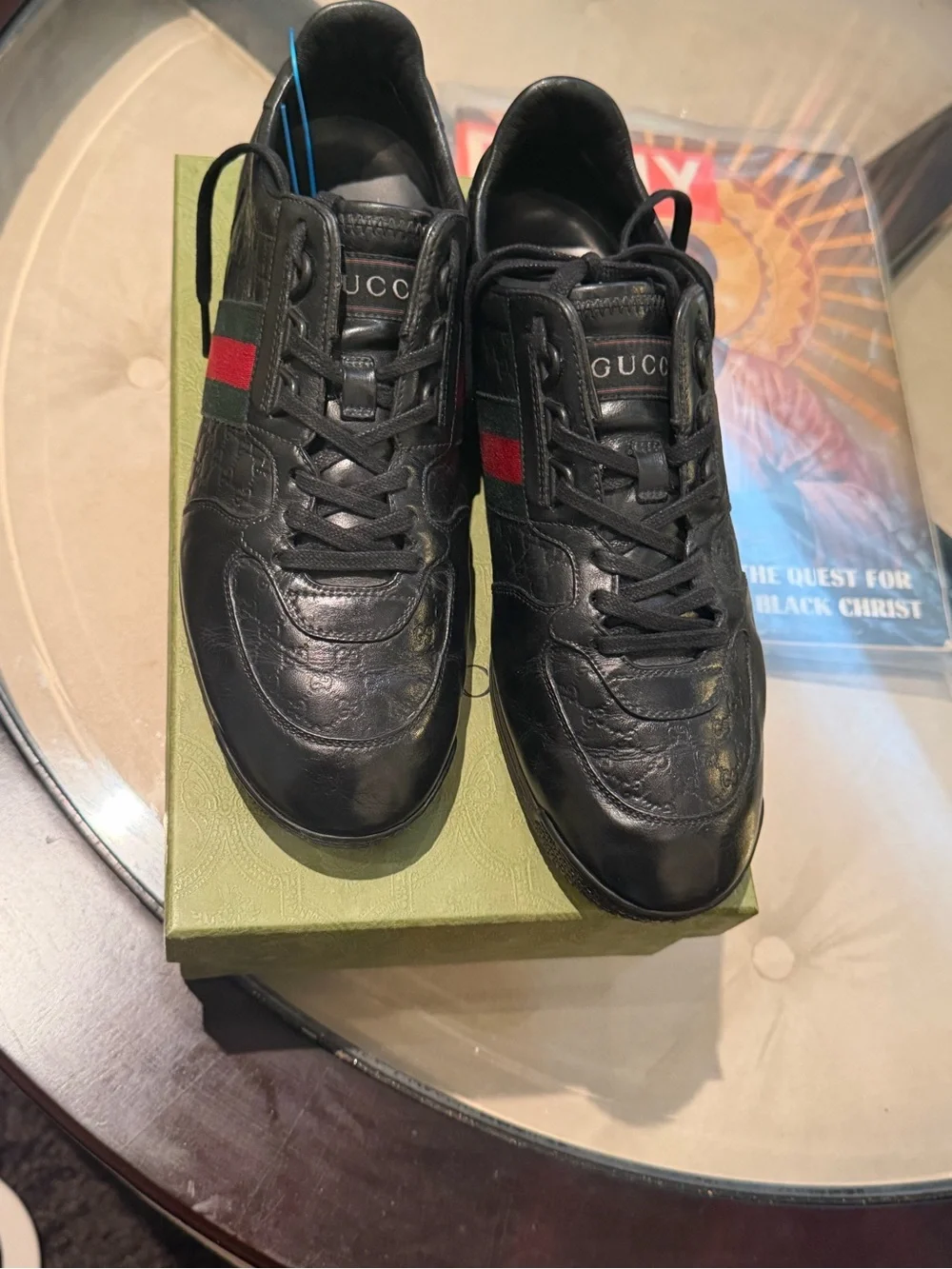 100% Authentic Gucci Men's Black Leather Sneakers with Signature Web Stripe